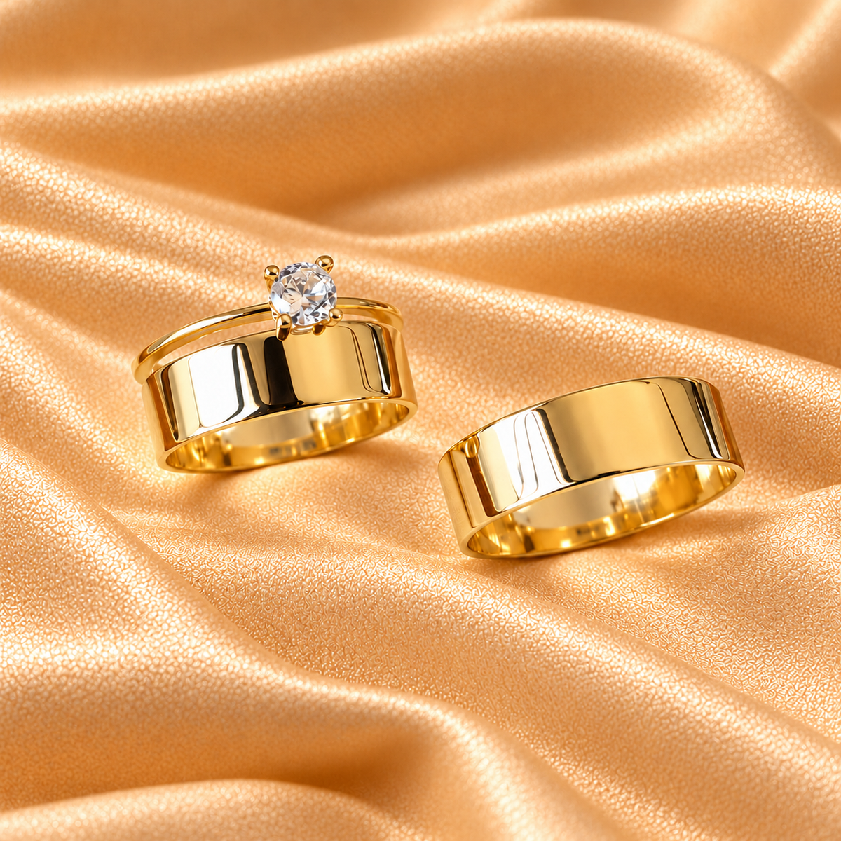 Alianças Reta 6mm · Revestimento Duplo Ouro 18K · 10g + Solitário Liso